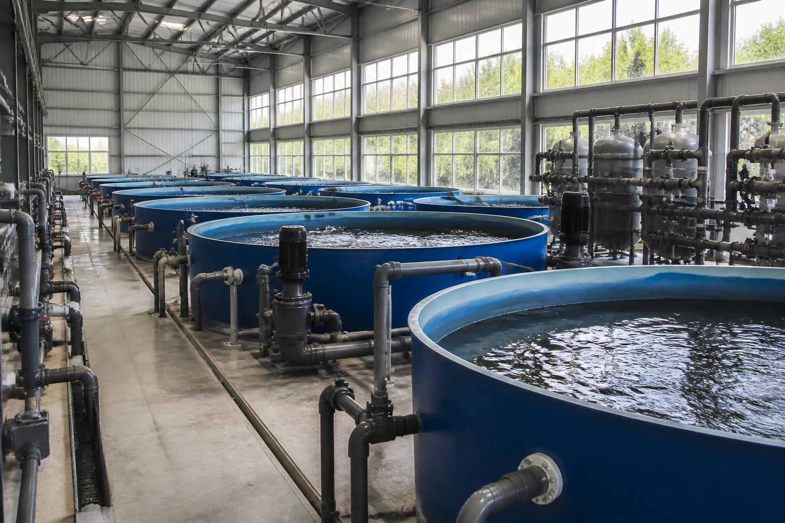 Piscifactoría con tanques, bombas y filtración